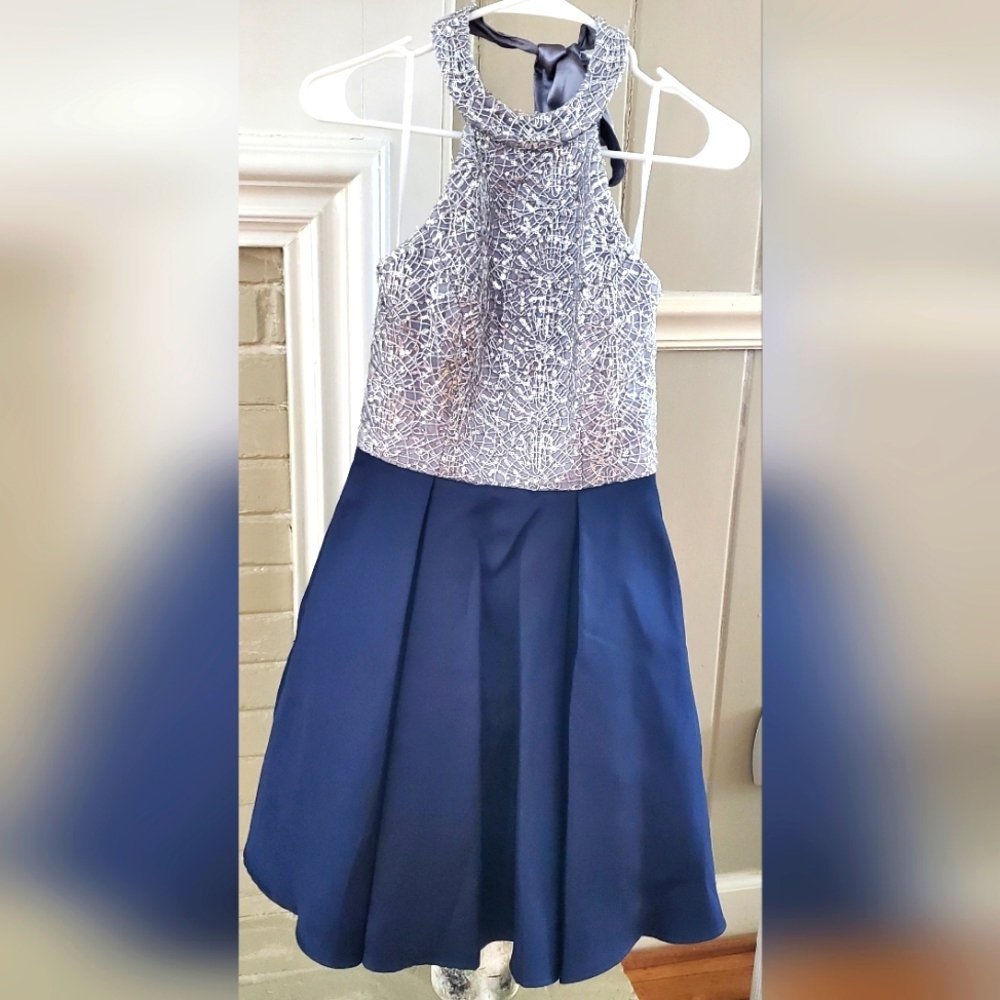 Stunning Navy Blue and Silver Sequined Halter Formal Dress by B. Darlin, 5/6